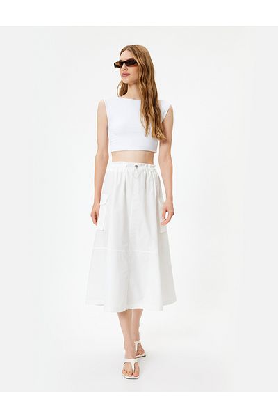 Koton Cotton Midi Length Flared Skirt - Cargo Pocket and Elastic Waist