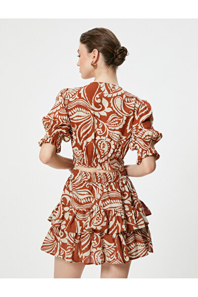 Koton Crop halenka s balonovým rukávem - směs lnu, dvojitý límec a detail mašle