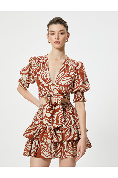 Koton Crop halenka s balonovým rukávem - směs lnu, dvojitý límec a detail mašle