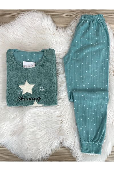 Pijamacs Set fleecového pyžama se vzorem Green Star s předním plyšovým detailem