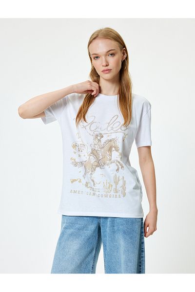 Koton Crew Neck Oversize Cotton T-Shirt - Printed