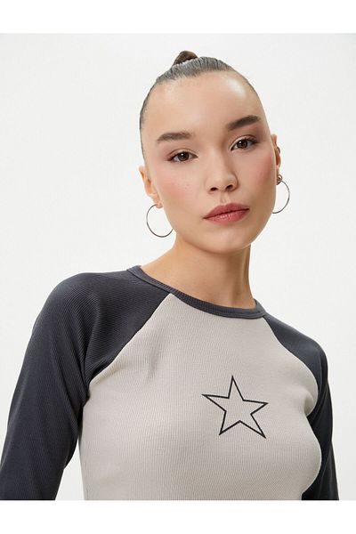 Koton Crop T-Shirt Color Block Long Sleeve Crew Neck Ribbed Cotton
