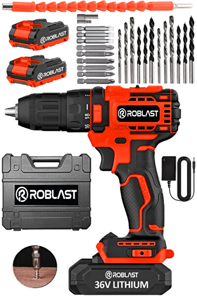ROBLAST 36v 5ah Çift Bataryalı Çelik Şanzıman Darbeli Şarjlı Matkap Akülü Vid...