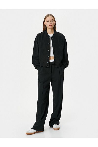 Koton Bomber Jacket Suede Look College Collar Snap Closure