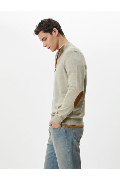 Koton Long Sleeve Slim Fit Sweater - Half Zipper and Elbow Detail