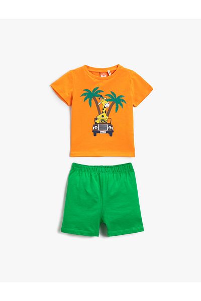 Koton Giraffe And Palm Tree Printed Shorts T-Shirt Set Cotton