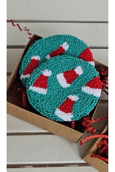 2'li Yılbaşı Şapkalı Punch Kupa, Bardak Altlığı, Punch needle  10 cm