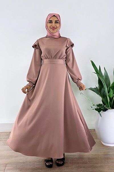 ALFUDO Moda Collection Cindy Saten Uzun Omuz Detaylı Tesettür Mezuniyet Abiye...