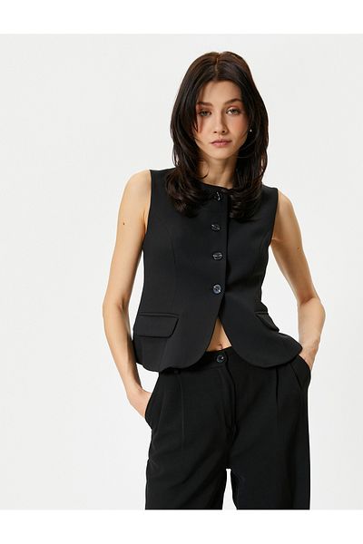 Koton Classic Buttoned Vest - With Covered Pocket