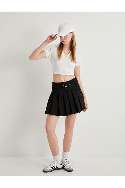 Koton Pleated Mini Shorts Skirt with Belt Detail