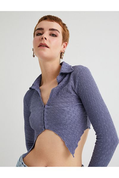 Koton Crop μπλούζα ασύμμετρης κοπής με λεπτή υφή μακρυμάνικο πουκάμισο γιακά