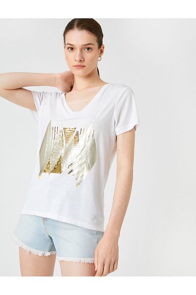 Koton V-Neck Short Sleeve Printed T-Shirt