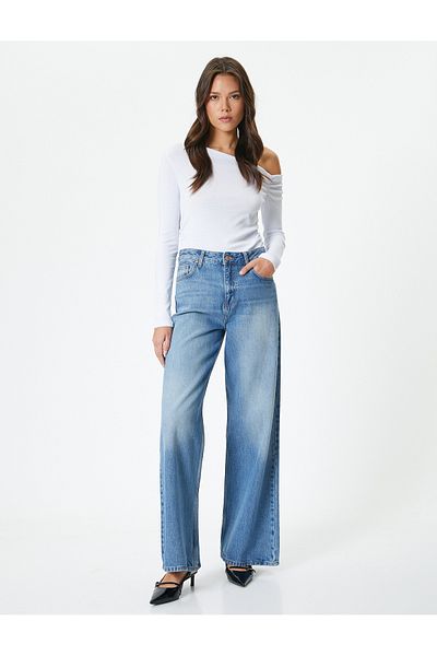 Koton One-Shoulder Open T-Shirt Langarm Drapierte Baumwolle