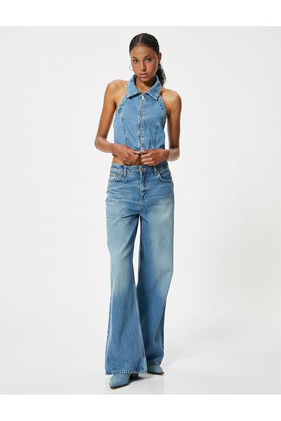Koton Top crop din denim cu decolteu cu șarmuire, cu fermoar la spate, decoltat, slim fit