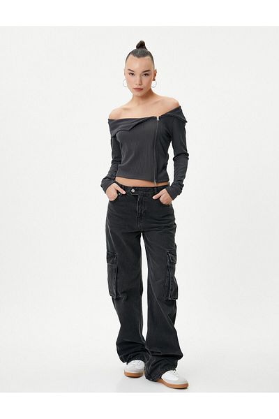 Koton Madonna Collar Off-The-Shoulder T-Shirt Zip Long Sleeve