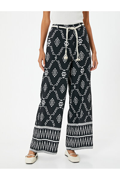 Koton Ethnic Patterned Viscose Fabric - Wide Leg Belted Trousers