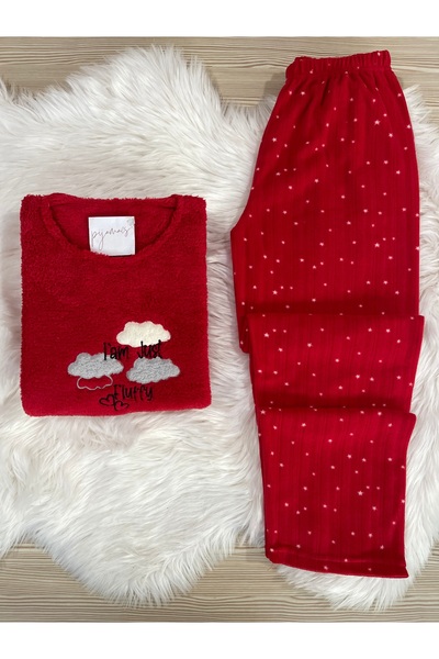 Pijamacs Red Star Patterned Plus Size Fleece Pajamas Set with Plush Detail on the Front