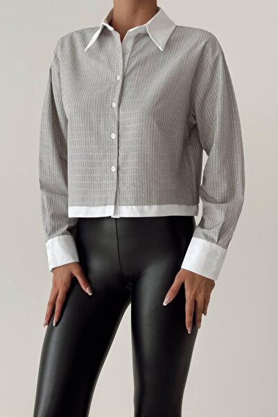 Genel Markalar Gri Renk Kadın Polo Yaka Parlak Taşlı Düğmeli Spor Şık Gömlek