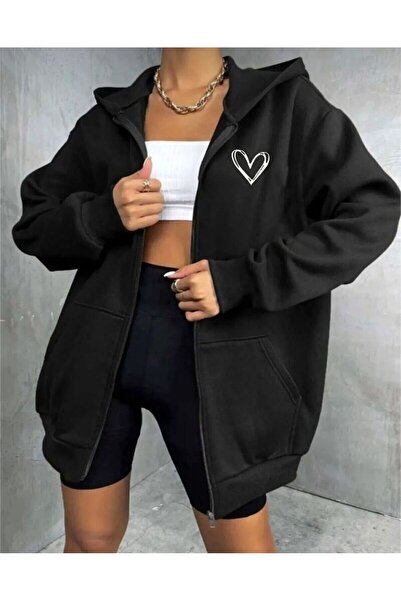 khufu Cardigan unisex cu fermoar cu glugă, imprimat cu inimă