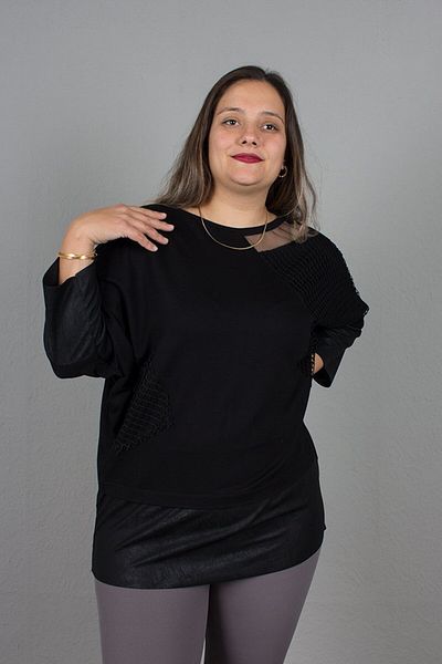Truva XXL Large Size Collar Bat Model Tulle Detailed Blouse