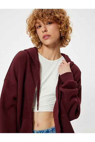 Koton Star Embroidered Oversize Zippered Sweatshirt - Kangaroo Pocket