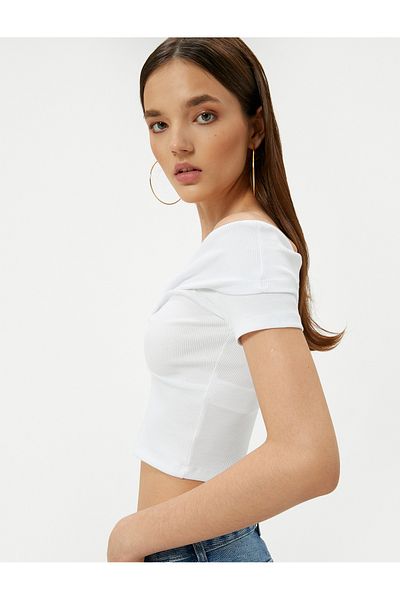 Koton Crop Off the Shoulder Madonna Neck T-Shirt Ribbed Short Sleeve Knot Detail