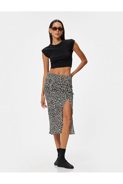 Koton Leopard Patterned Skirt Midi Slit Draped Wrap