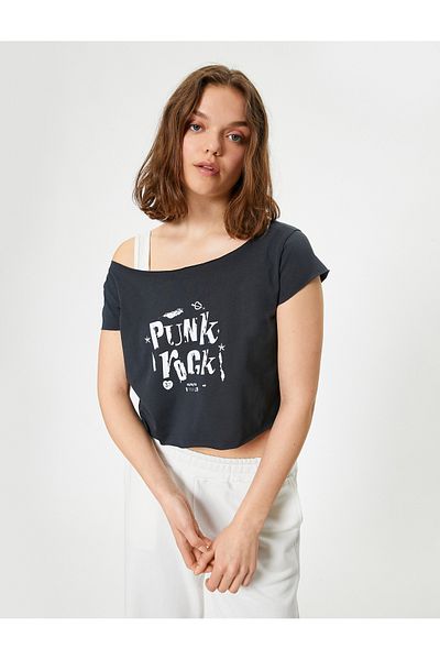 Koton Crew Neck Slogan Printed Cotton T-Shirt