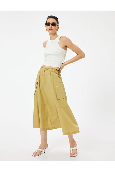 Koton Cotton Midi Length Flared Skirt - Cargo Pocket and Elastic Waist