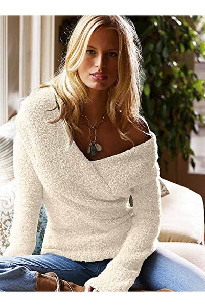 Moda International Buklet Degaje Şal Yaka Kazak (Kış Beyazı, S,M)