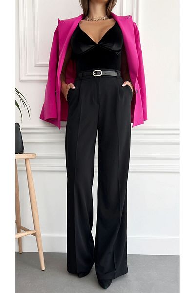 ŞULE BUTİK BLACK HIGH WAIST PALAZZO MODEL BELTED BOL TROUSERS CREPE PANT