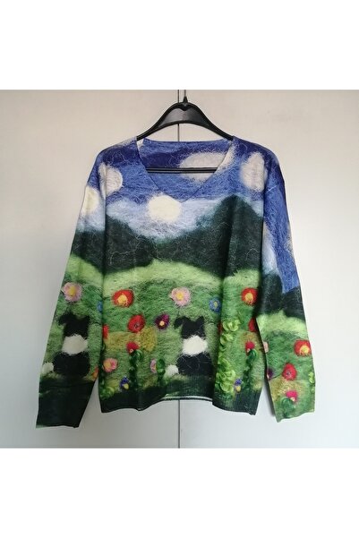 Butik Tülin Kadın otantik akrilik çok renkli baskı çiçek köpek desenli v yaka...