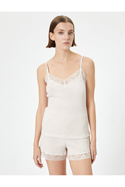 Koton Pyjama-Oberteil mit dünnen Trägern und Spitzendetail gerippt