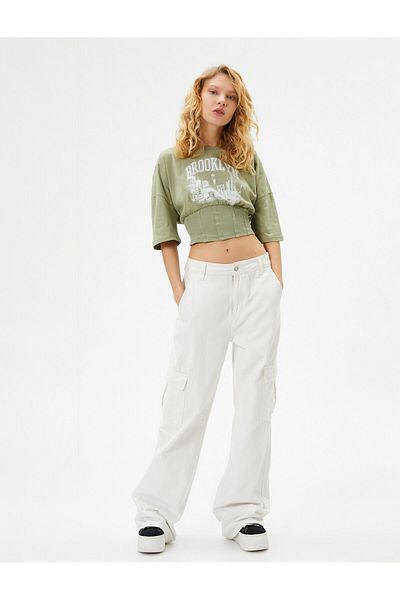 Koton Corset Detailed Crop T-Shirt Slim Fit Half Sleeve Crew Neck Printed Cotton