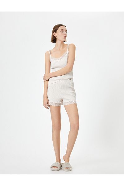 Koton Pajamas Top with Thin Straps and Lace Detail Ribbed