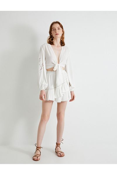 Koton Viscose Balloon Sleeve Embroidered Crop Blouse - Front Tie