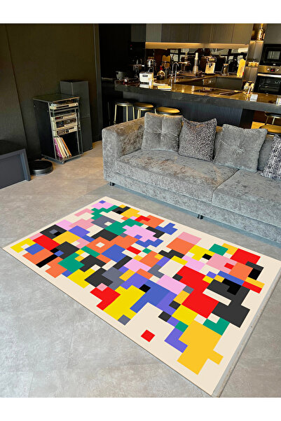 Rugs Modern Halı Συλλογή Yilmaz Πολύχρωμο Γεωμετρικό Τετράγωνο Μοτίβο Pixel Δ...