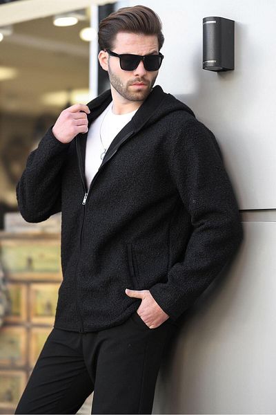 Madmext Black Zippered Plush Men's Cardigan E7080