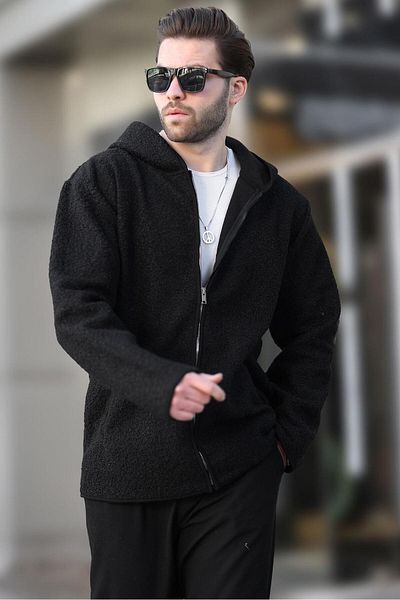 Madmext Black Zippered Plush Men's Cardigan E7080