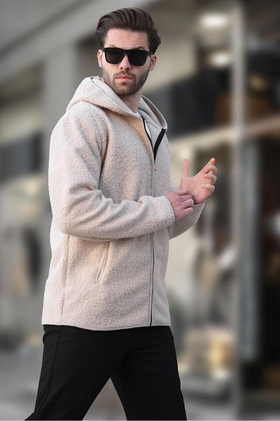 Madmext Ecru Zippered Plush Men's Cardigan E7080