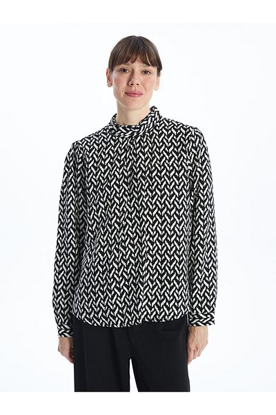 LC Waikiki Lcwaikiki Classic Black Stand Collar Patterned Oversize Women's Blouse