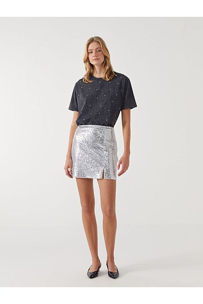LC Waikiki Tricou de damă supradimensionat cu imprimeu cu pietre strălucitoare - decolteu