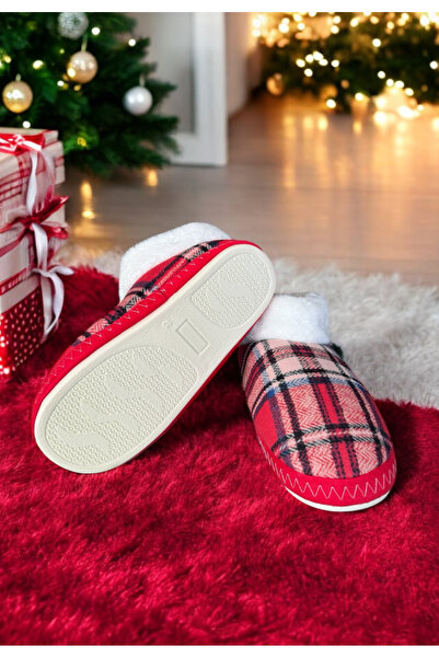 MEDESS Ekose Desenli Wellsoft Peluş Kaymaz Taban Kadın Ev Botu Panduf