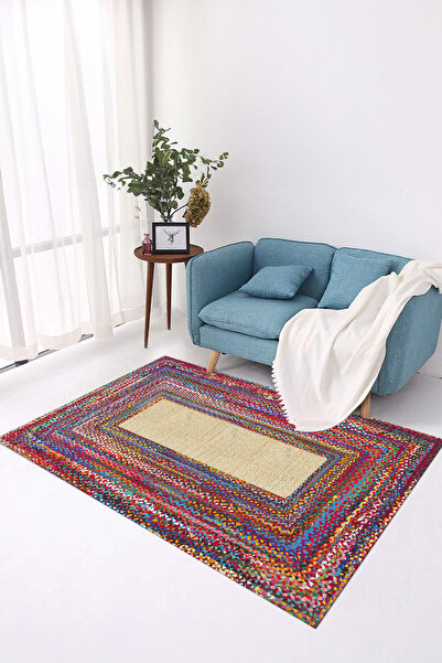 Viyana Home Digital Anti-Slip Base Straw Pattern Jute Model Washable Floor Mat Kitchen Living Room Carpet