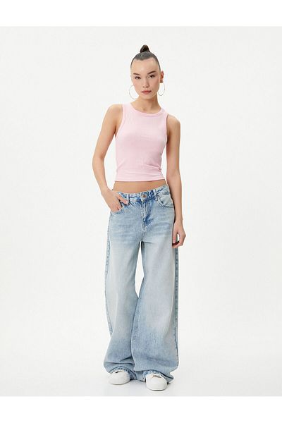 Koton Basic Crop Athlete Crew Neck pamut bordázott