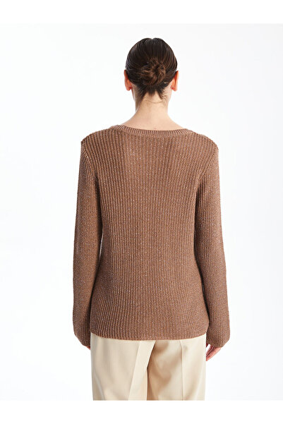 LC Waikiki Brown Crew Neck Openwork Women's Knitwear Sweater