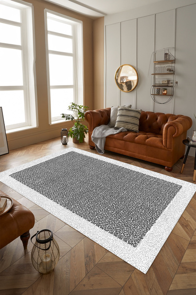 Viyana Home Digital Anti-Slip Black Framed Jute Model Washable Runner Kitchen Living Room Carpet