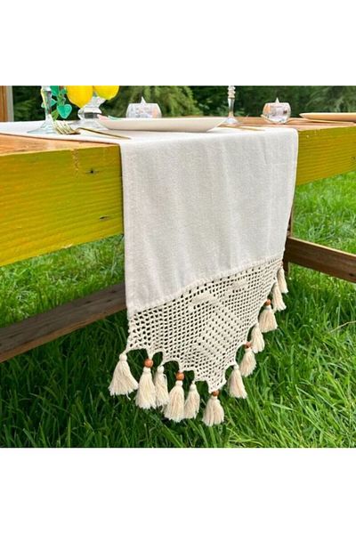 TUNCAY TEKSTİL Hand Laced and Knitted Rope Embroidered Tassel Organic Cotton Tasseled Runner Ranır Cover