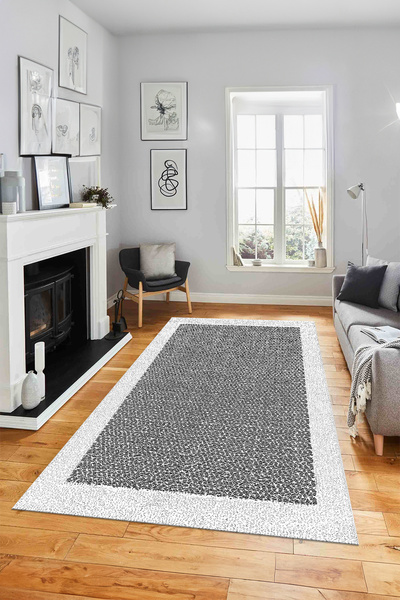 Viyana Home Digital Anti-Slip Black Framed Jute Model Washable Runner Kitchen Living Room Carpet