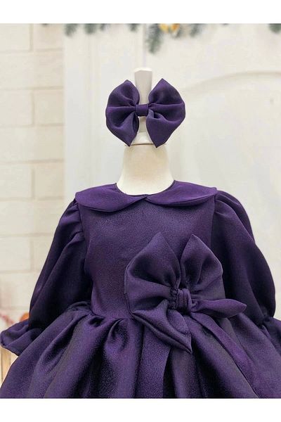 Nissa Purple Girl's Dress with Bow Front